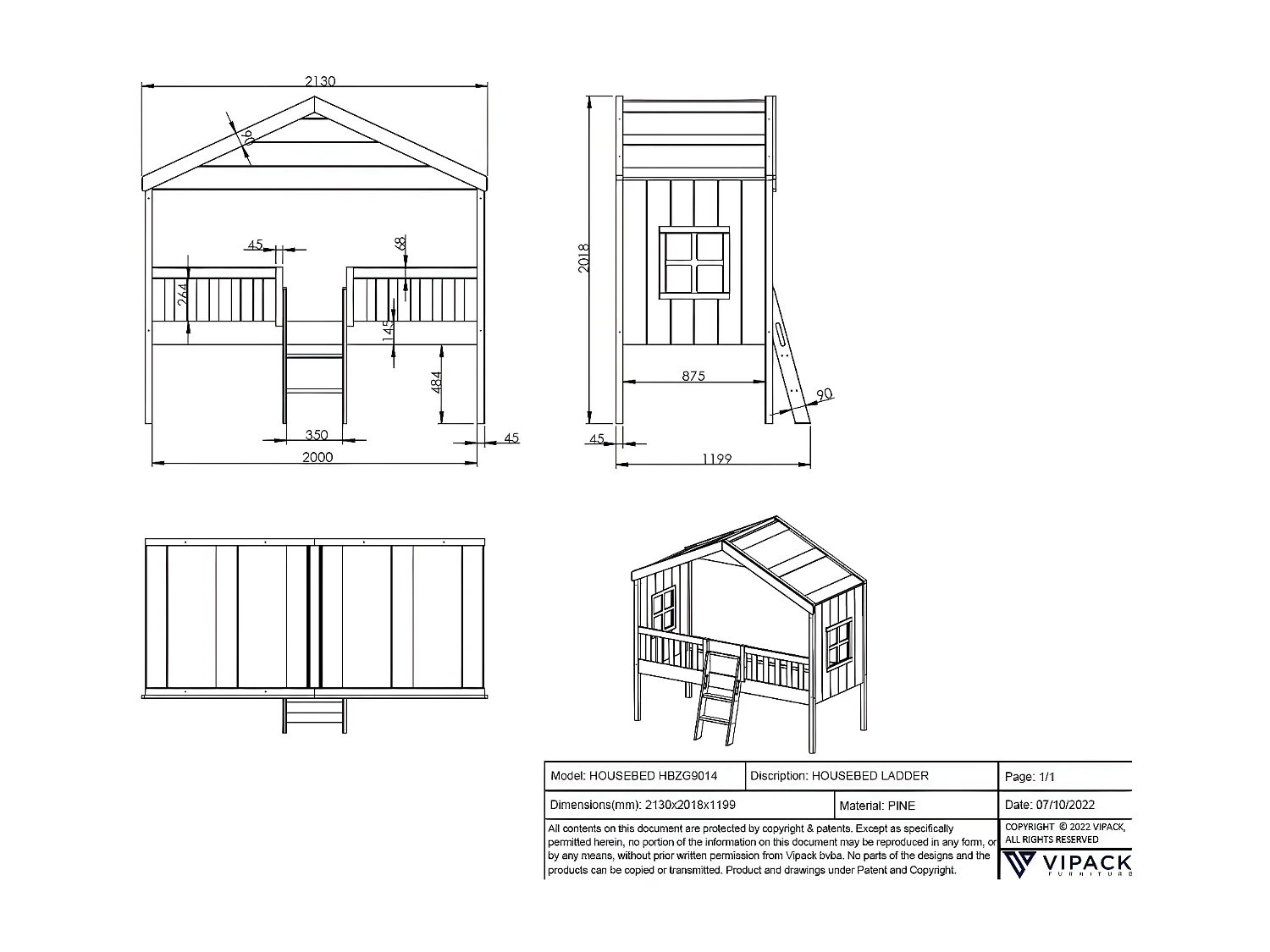 Lit Cabane HOUSEBED HB005 120x213x202 Blanc