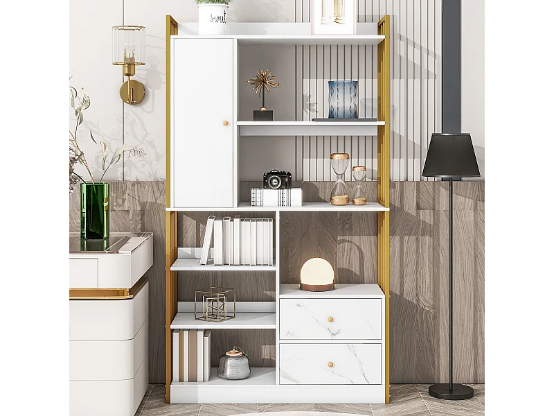 Boekenkast met 6 planken, één deur en 2 lades - 100 x 30 x 173,5 - Spaanplaat en metaal - goud + wit