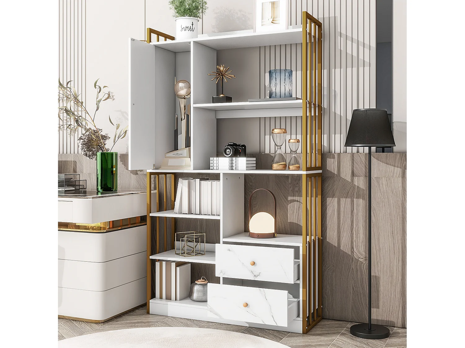 Libreria a 6 ripiani con un'anta e 2 cassetti - 100 x 30 x 173,5 - Pannello truciolare e metallo - oro + bianco
