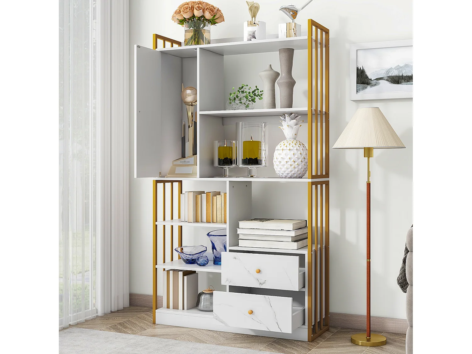 Libreria a 6 ripiani con un'anta e 2 cassetti - 100 x 30 x 173,5 - Pannello truciolare e metallo - oro + bianco