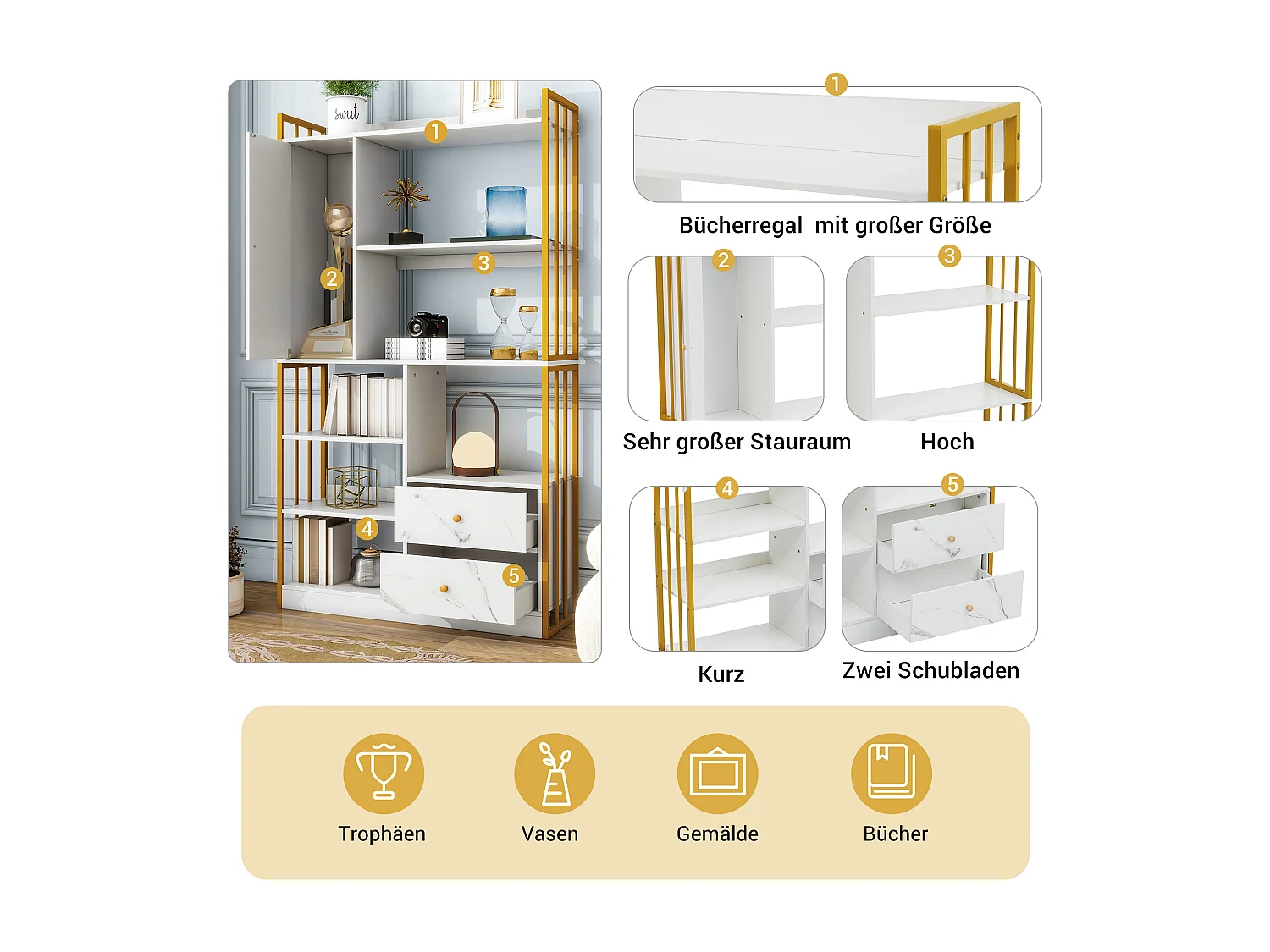 Libreria a 6 ripiani con un'anta e 2 cassetti - 100 x 30 x 173,5 - Pannello truciolare e metallo - oro + bianco