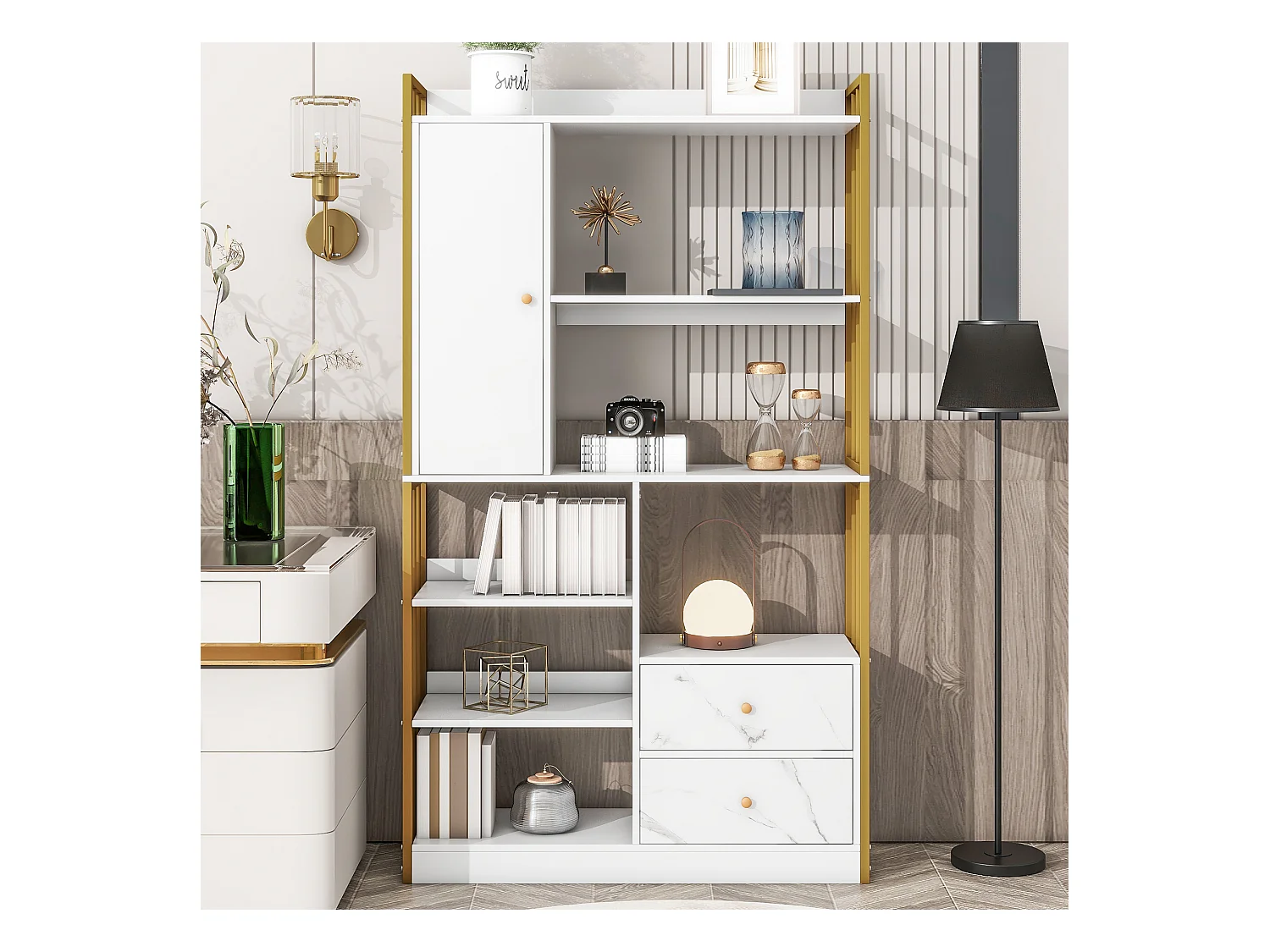 Boekenkast met 6 planken, één deur en 2 lades - 100 x 30 x 173,5 - Spaanplaat en metaal - goud + wit