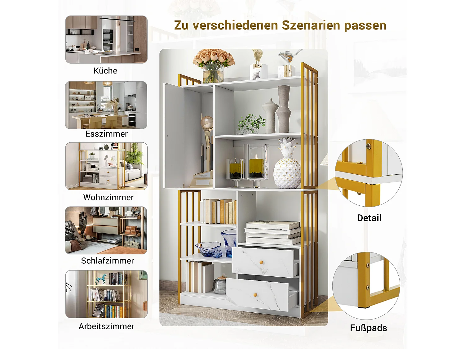 Estante de 6 prateleiras com uma porta e 2 gavetas - 100 x 30 x 173,5 - Aglomerado e metal - ouro + branco