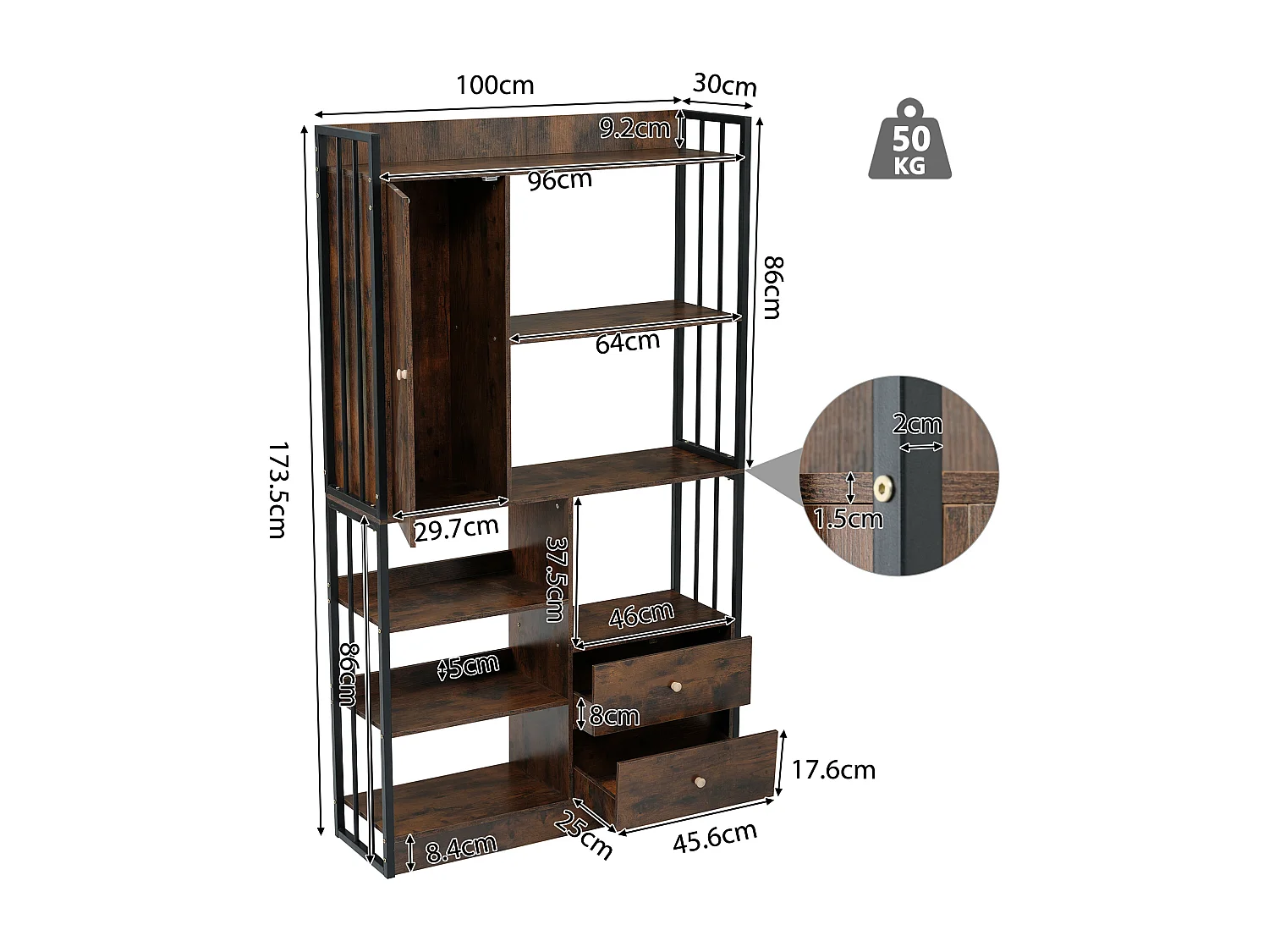 Regał biblioteczny 6-półkowy z jednymi drzwiami i 2 szufladami - 100 x 30 x 173,5 - Płyta wiórowa i metal - brązowy + czarny
