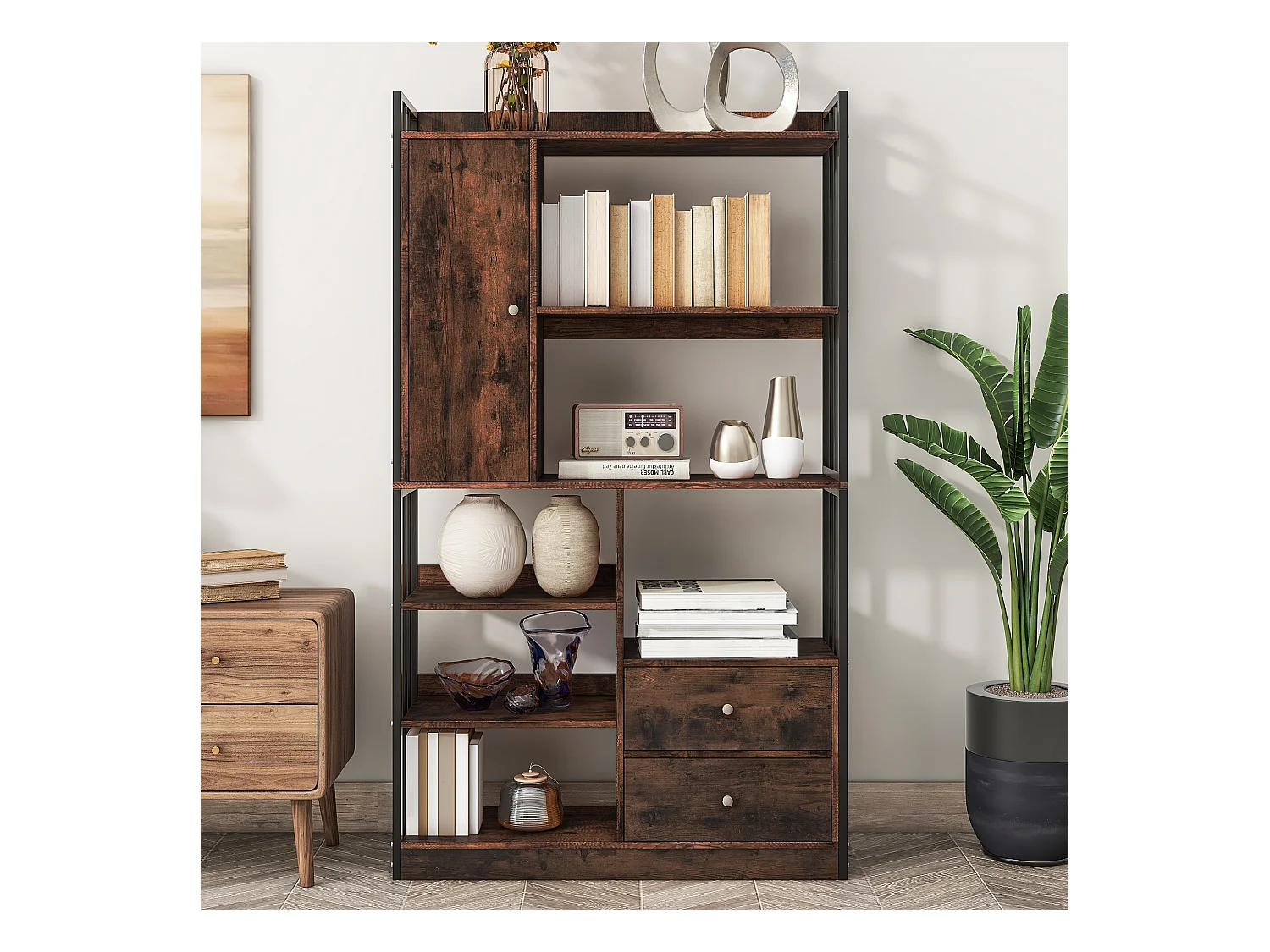 Bibliothèque à 6 étagères avec une porte et 2 tiroirs - 100 x 30 x 173.5 - Panneau de particules et métal - marron + noir