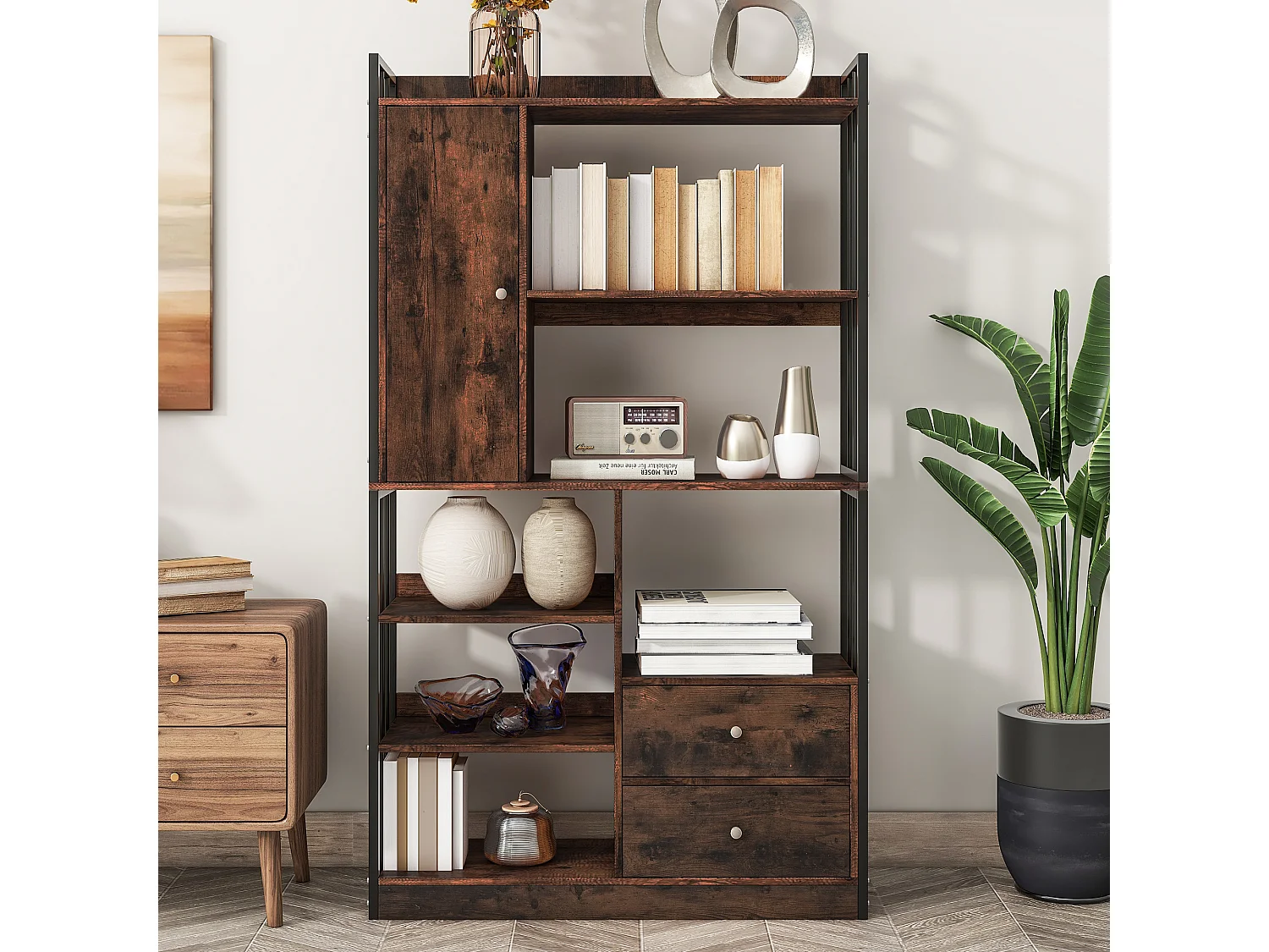 Estante de 6 prateleiras com uma porta e 2 gavetas - 100 x 30 x 173,5 - Aglomerado e metal - marrom + preto