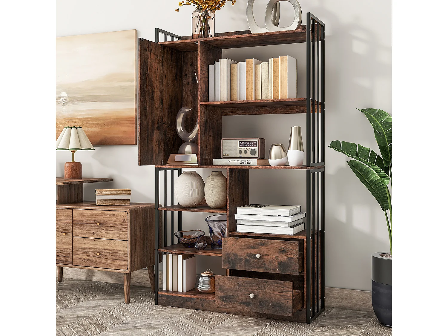 Estante de 6 prateleiras com uma porta e 2 gavetas - 100 x 30 x 173,5 - Aglomerado e metal - marrom + preto