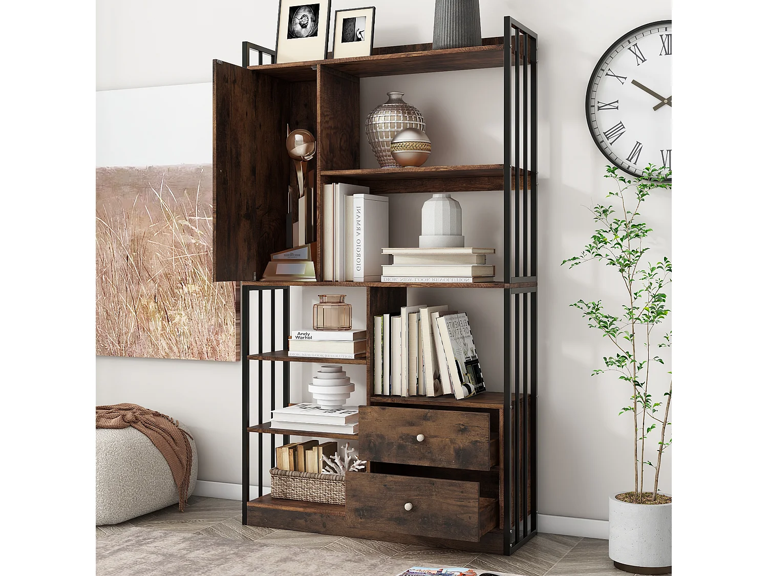 Estante de 6 prateleiras com uma porta e 2 gavetas - 100 x 30 x 173,5 - Aglomerado e metal - marrom + preto