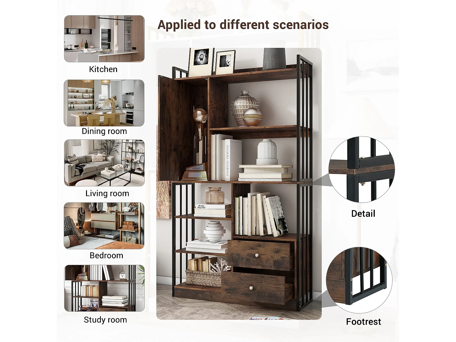 Estante de 6 prateleiras com uma porta e 2 gavetas - 100 x 30 x 173,5 - Aglomerado e metal - marrom + preto