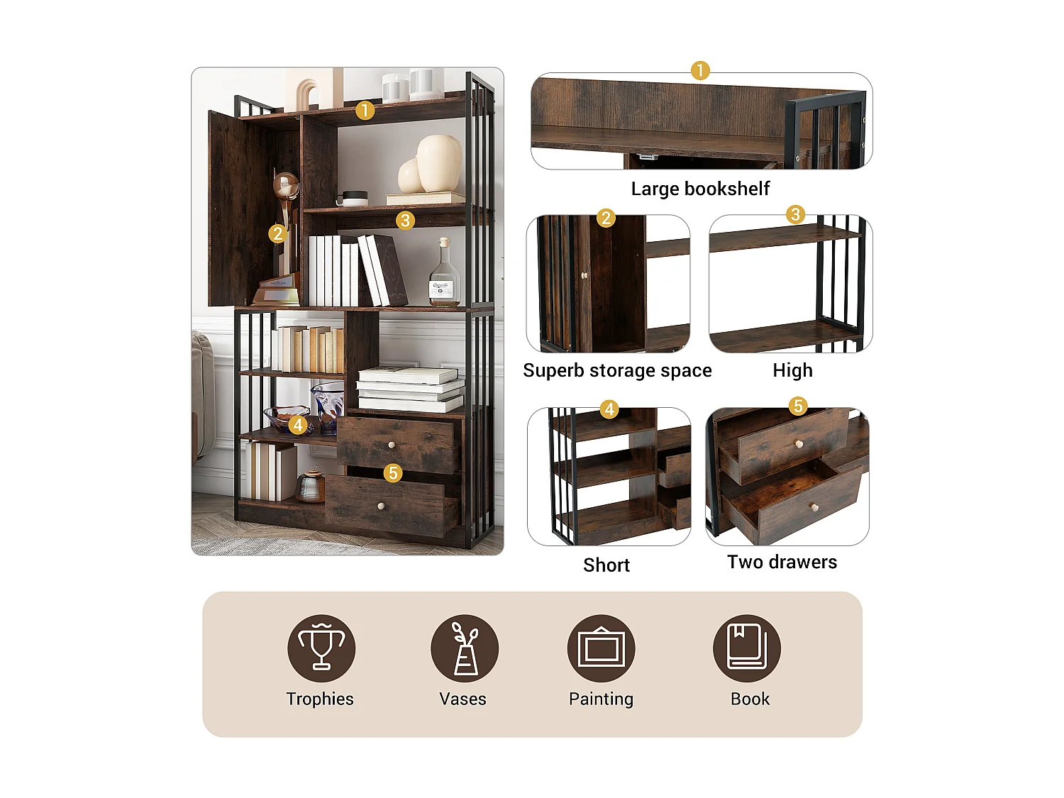 Estante de 6 prateleiras com uma porta e 2 gavetas - 100 x 30 x 173,5 - Aglomerado e metal - marrom + preto