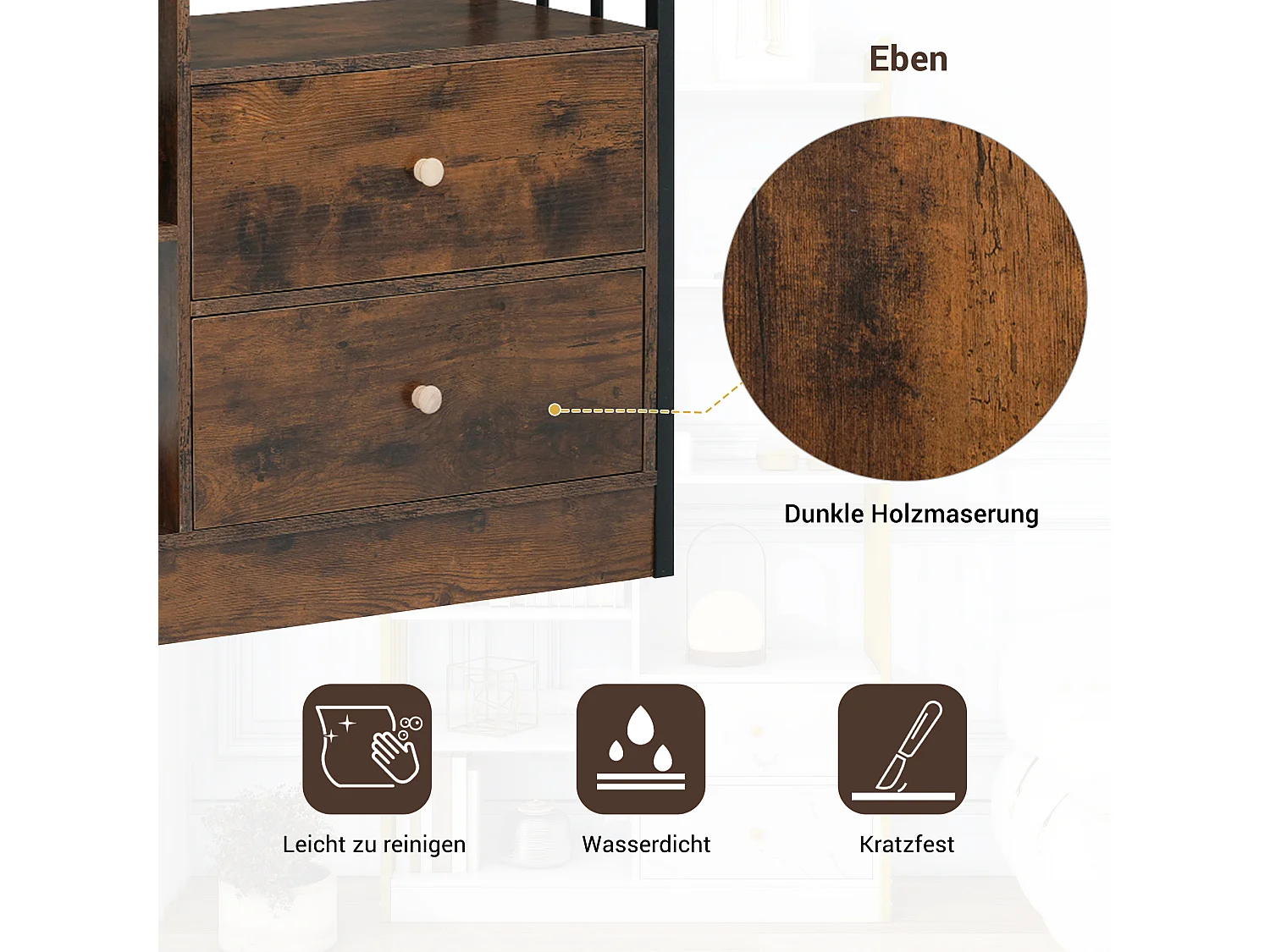 Bibliothèque à 6 étagères avec une porte et 2 tiroirs - 100 x 30 x 173.5 - Panneau de particules et métal - marron + noir