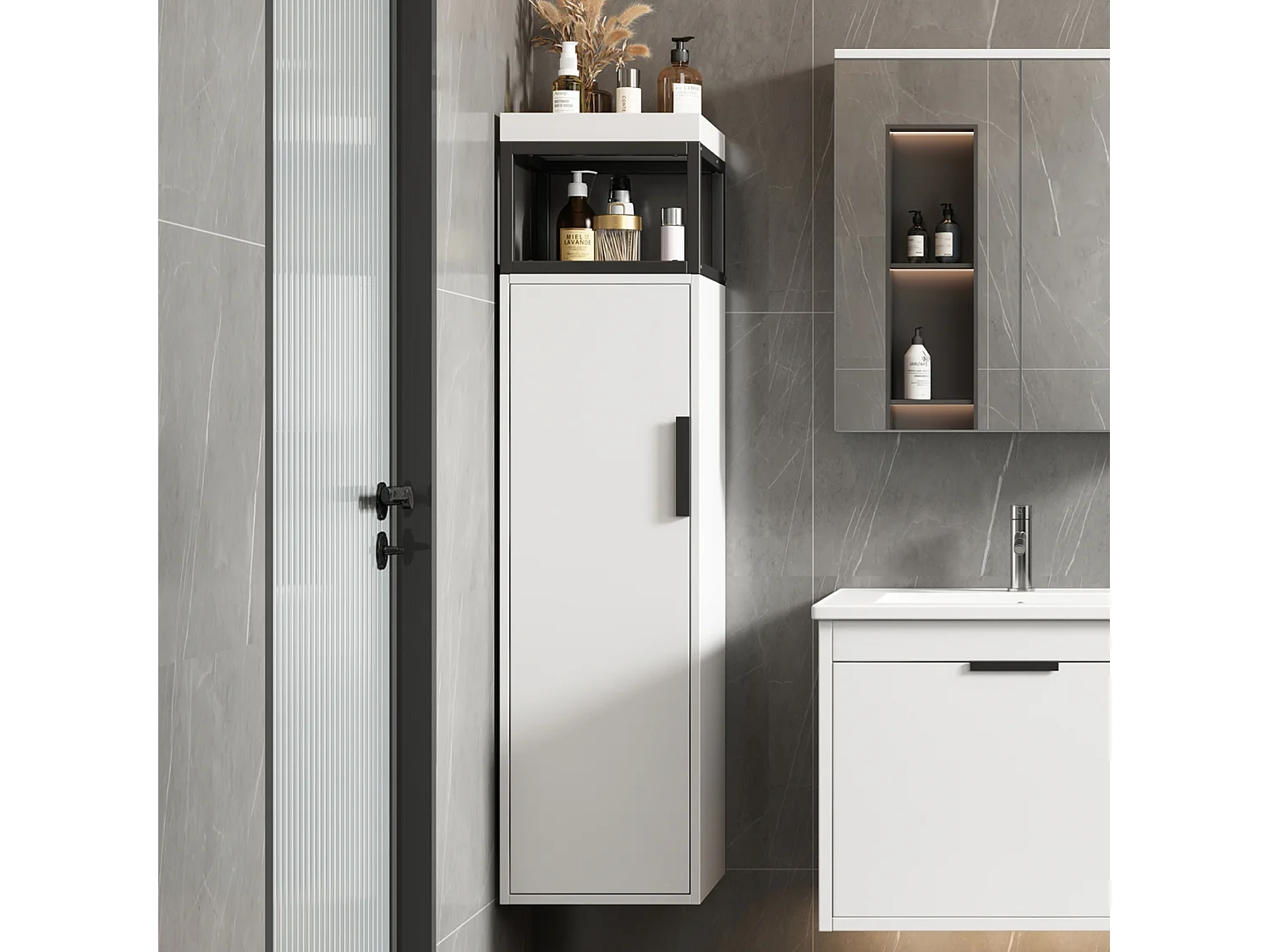 Colonne de salle de bain suspendu avec une porte et compartimemt - 30 x 30 x 120 cm - bois MDF - blanc + noir