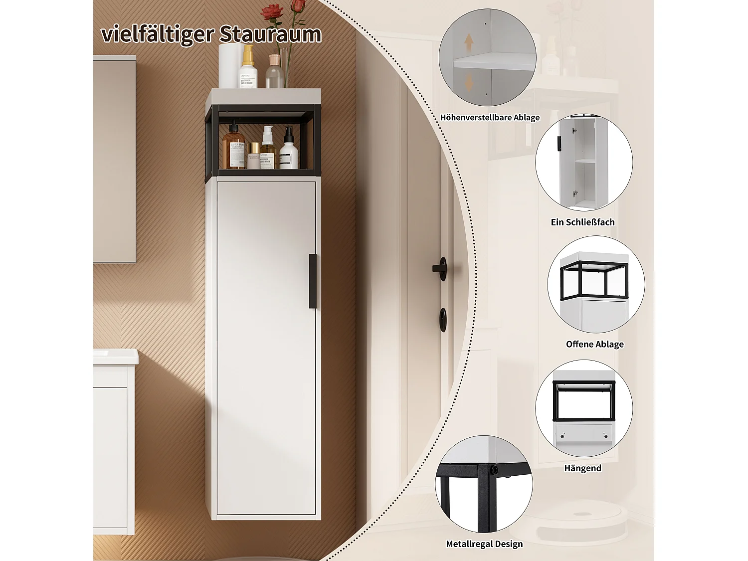 Colonne de salle de bain suspendu avec une porte et compartimemt - 30 x 30 x 120 cm - bois MDF - blanc + noir