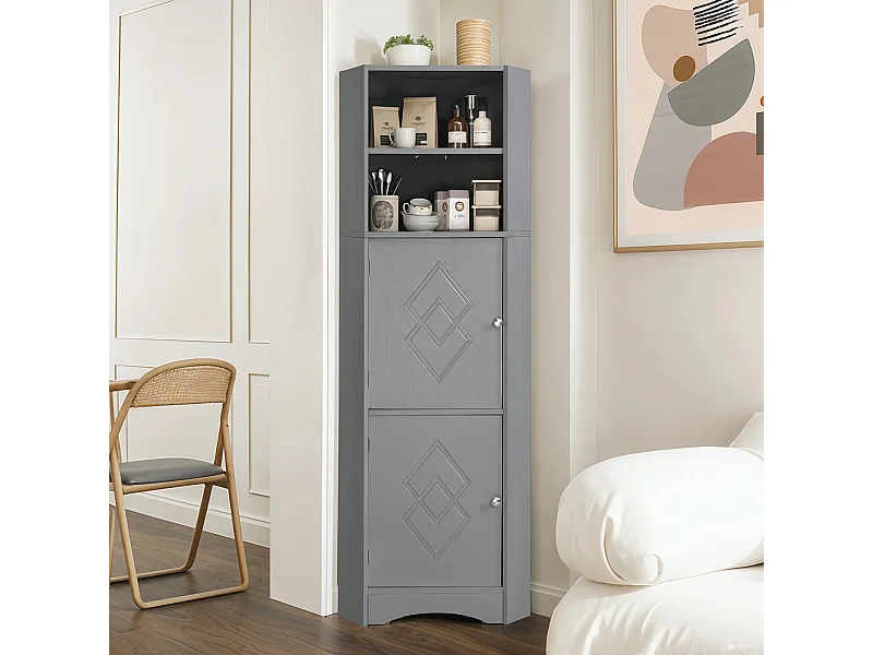 Szafka narożna łazienkowa - 2 drzwi i 2 regulowane półki - Płyta wiórowa - 36,5 x 36,5 x 155 cm - Jasnoszary