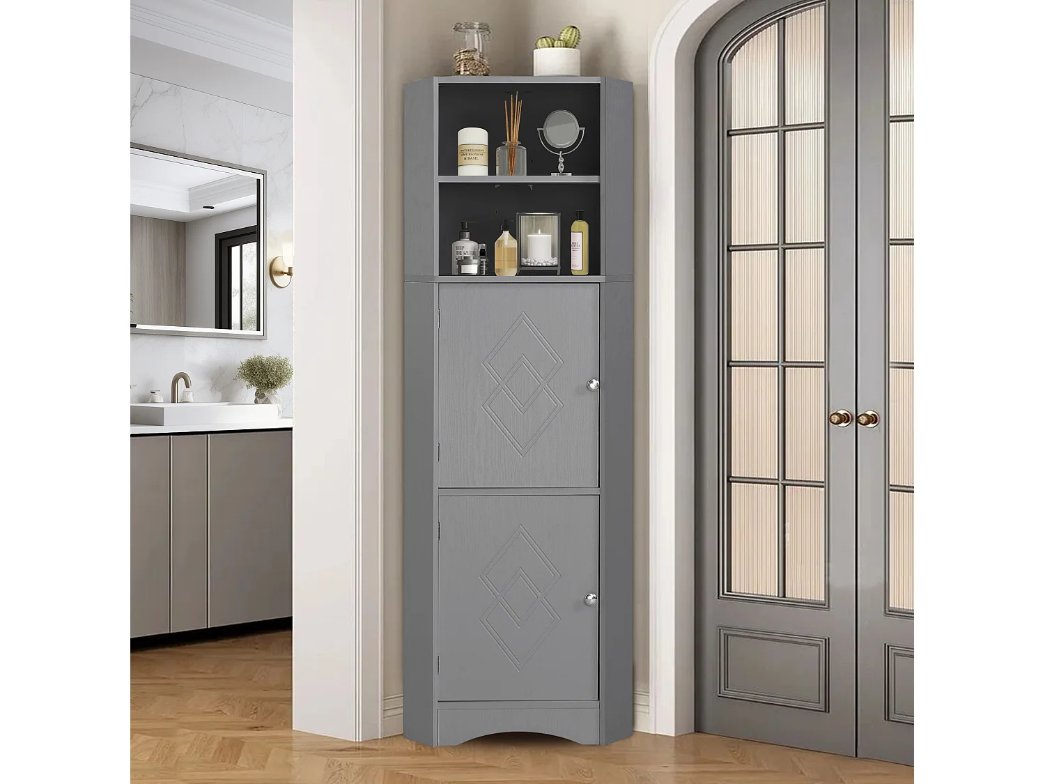 Szafka narożna łazienkowa - 2 drzwi i 2 regulowane półki - Płyta wiórowa - 36,5 x 36,5 x 155 cm - Jasnoszary