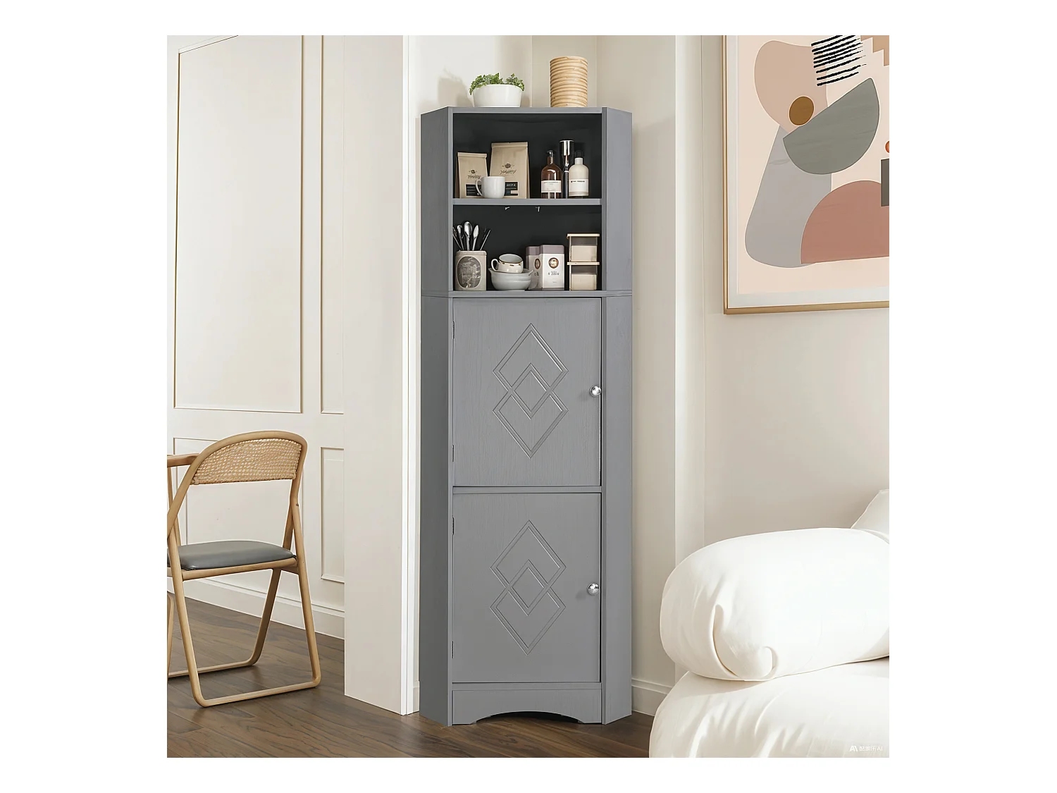 Colonne d'angle de salle de bain - 2 portes et 2 étagères réglables - Panneaux de particules - 36,5 x 36,5 x 155 cm - Gris clair
