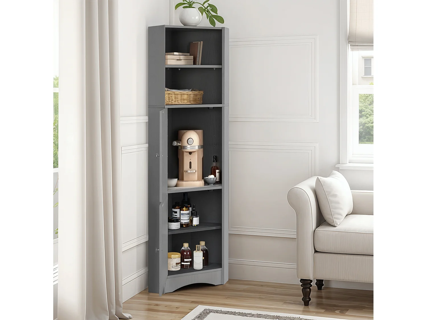 Badezimmer-Ecksäule – 2 Türen und 2 verstellbare Einlegeböden – Spanplatte – 36,5 x 36,5 x 155 cm – Hellgrau