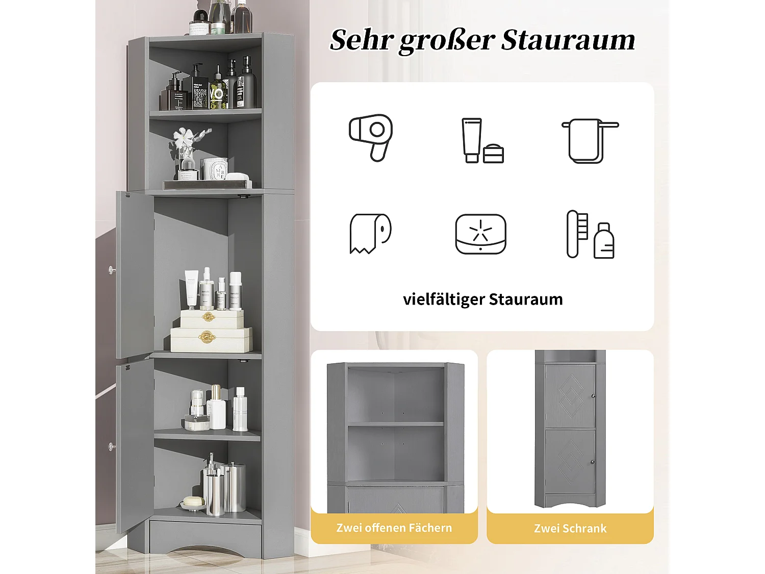 Badezimmer-Ecksäule – 2 Türen und 2 verstellbare Einlegeböden – Spanplatte – 36,5 x 36,5 x 155 cm – Hellgrau