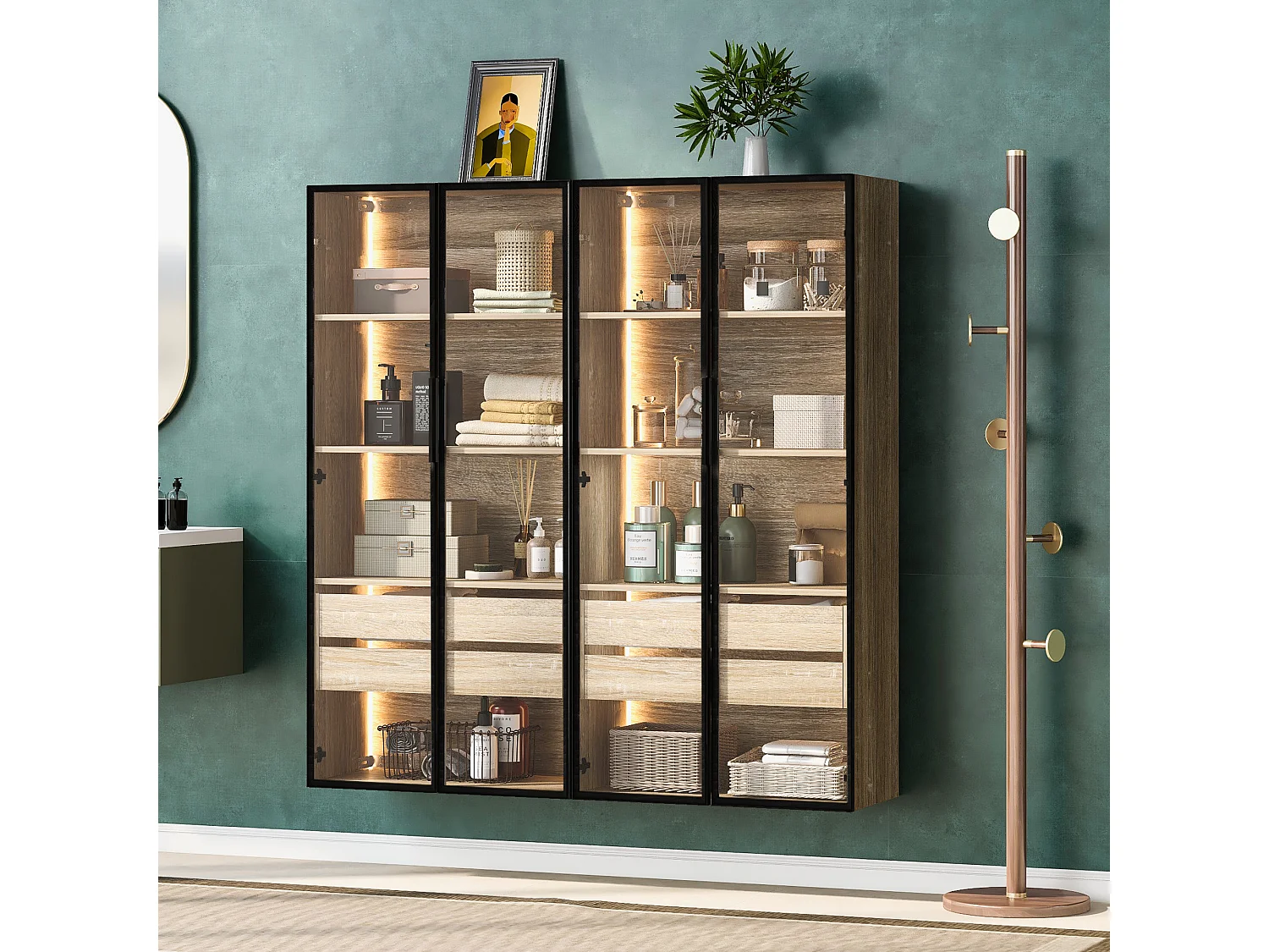 Set van 2 badkamermeubels met LED's - 148 x 36 x 155 cm - 4 grote lades en 4 glazen deuren - MDF-hout - natuurlijk