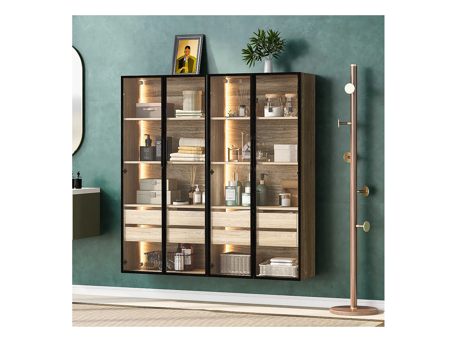 Ensemble de 2 Meubles de salle de bain avec LEDs - 148 x 36 x 155 cm - 4 grands tiroirs et 4 portes vitrées - bois MDF - naturel