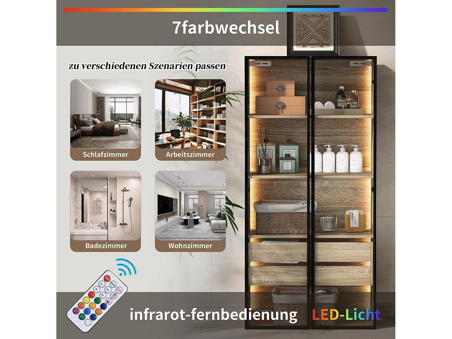 Zestaw 2 mebli łazienkowych z diodami LED - 148 x 36 x 155 cm - 4 duże szuflady i 4 drzwi szklane - drewno MDF - naturalny