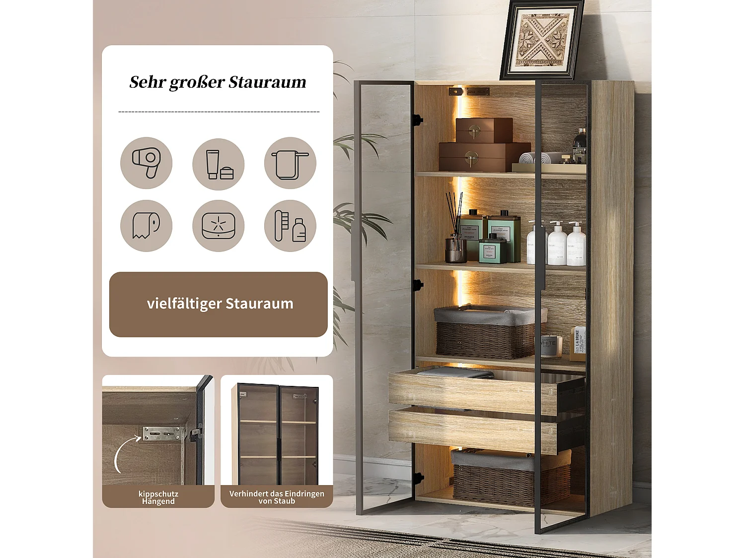 Zestaw 2 mebli łazienkowych z diodami LED - 148 x 36 x 155 cm - 4 duże szuflady i 4 drzwi szklane - drewno MDF - naturalny