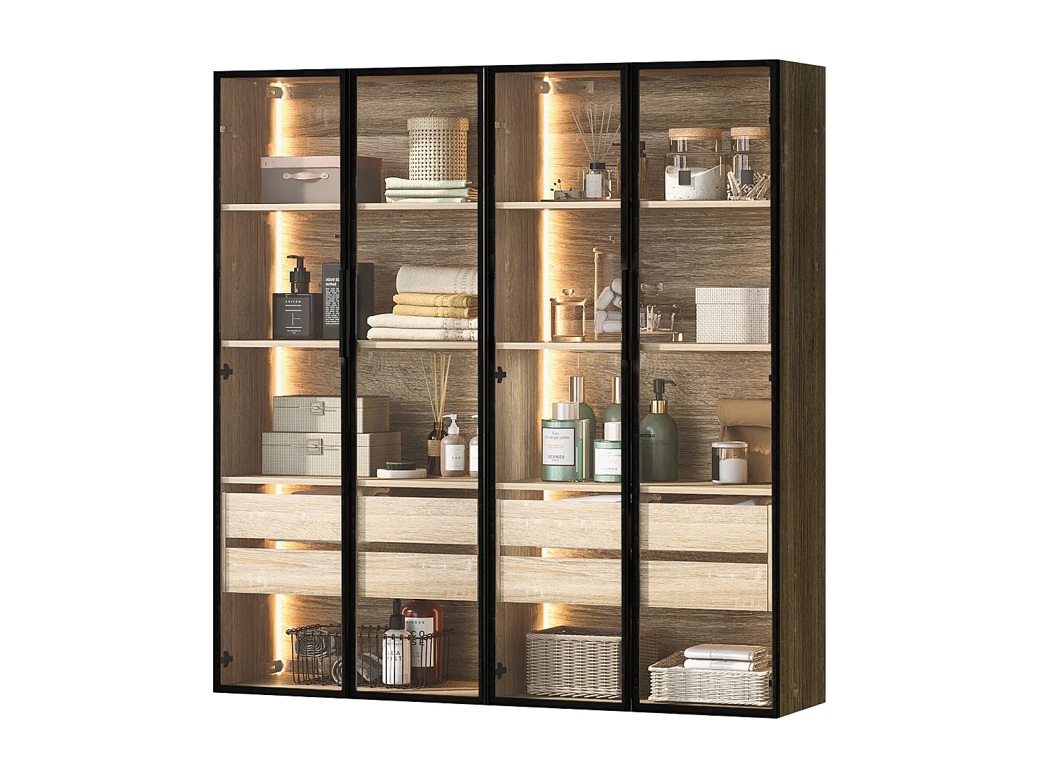 Ensemble de 2 Meubles de salle de bain avec LEDs - 148 x 36 x 155 cm - 4 grands tiroirs et 4 portes vitrées - bois MDF - naturel