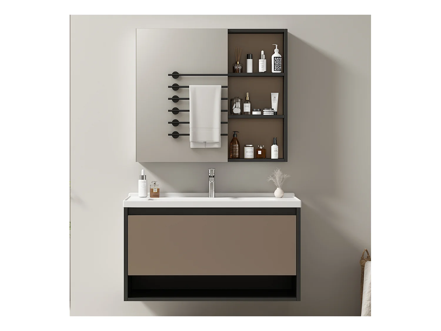Spiegelkast en wandwastafelmeubel met nis - inbouwwastafel - breedte 90 cm - MDF-hout - lichtgrijs