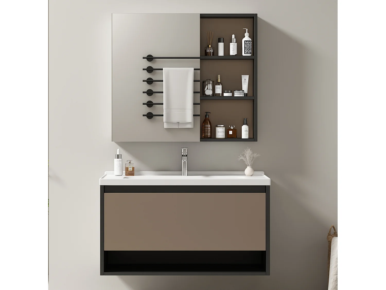 Spiegelkast en wandwastafelmeubel met nis - inbouwwastafel - breedte 90 cm - MDF-hout - lichtgrijs