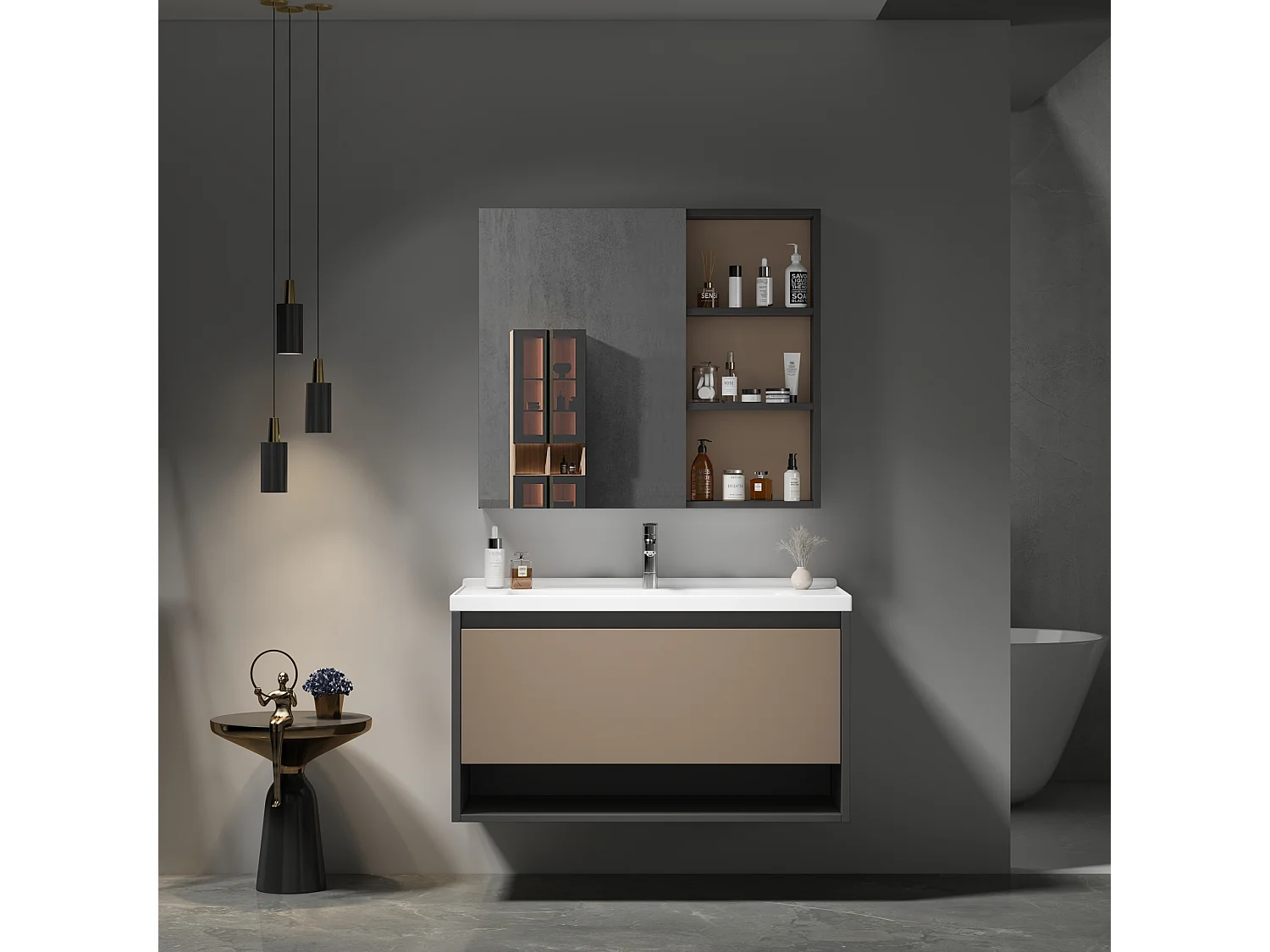 Spiegelkast en wandwastafelmeubel met nis - inbouwwastafel - breedte 90 cm - MDF-hout - lichtgrijs