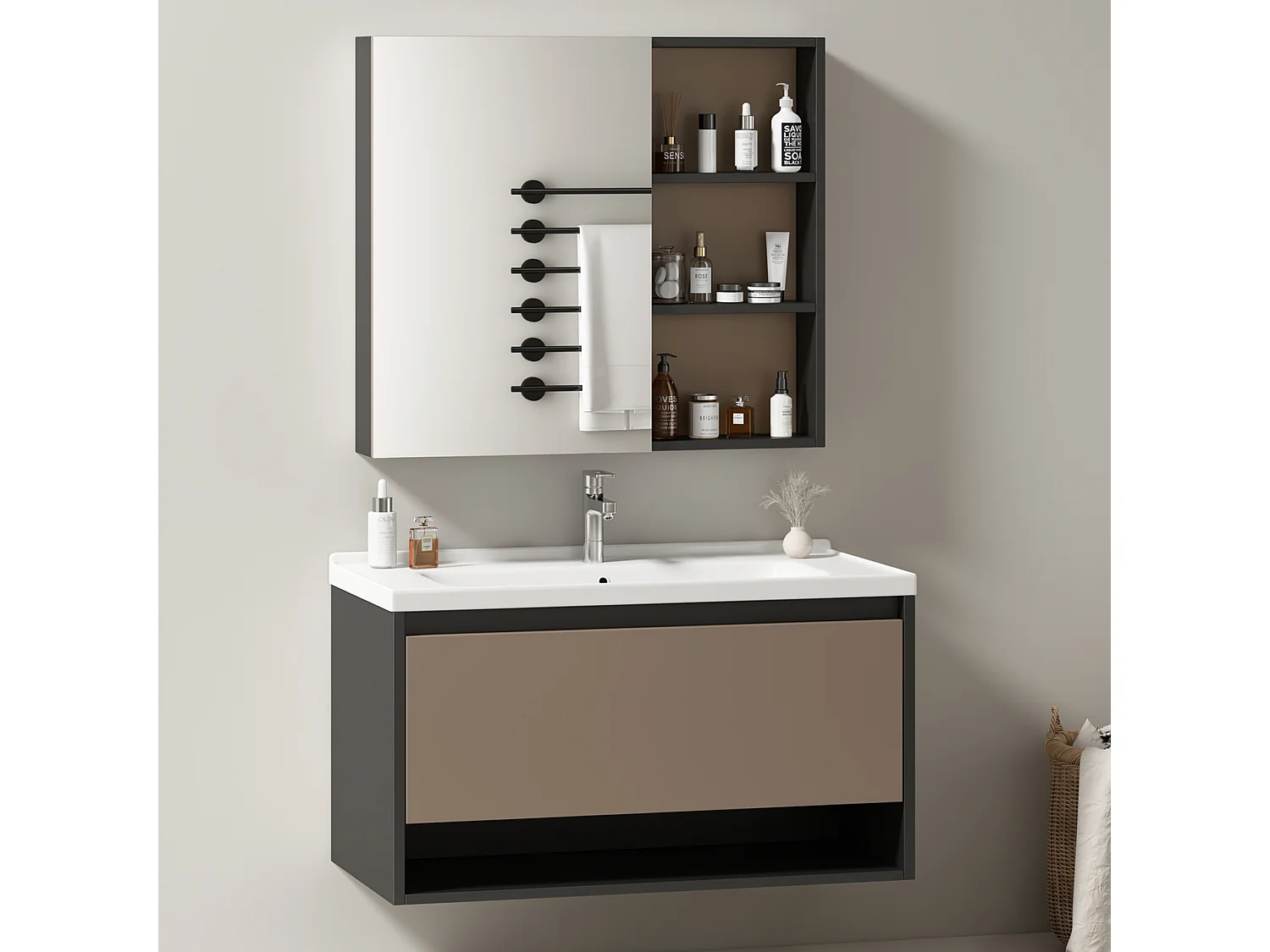 Spiegelkast en wandwastafelmeubel met nis - inbouwwastafel - breedte 90 cm - MDF-hout - lichtgrijs