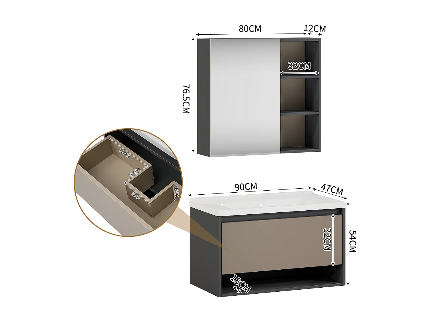 Spiegelkast en wandwastafelmeubel met nis - inbouwwastafel - breedte 90 cm - MDF-hout - lichtgrijs