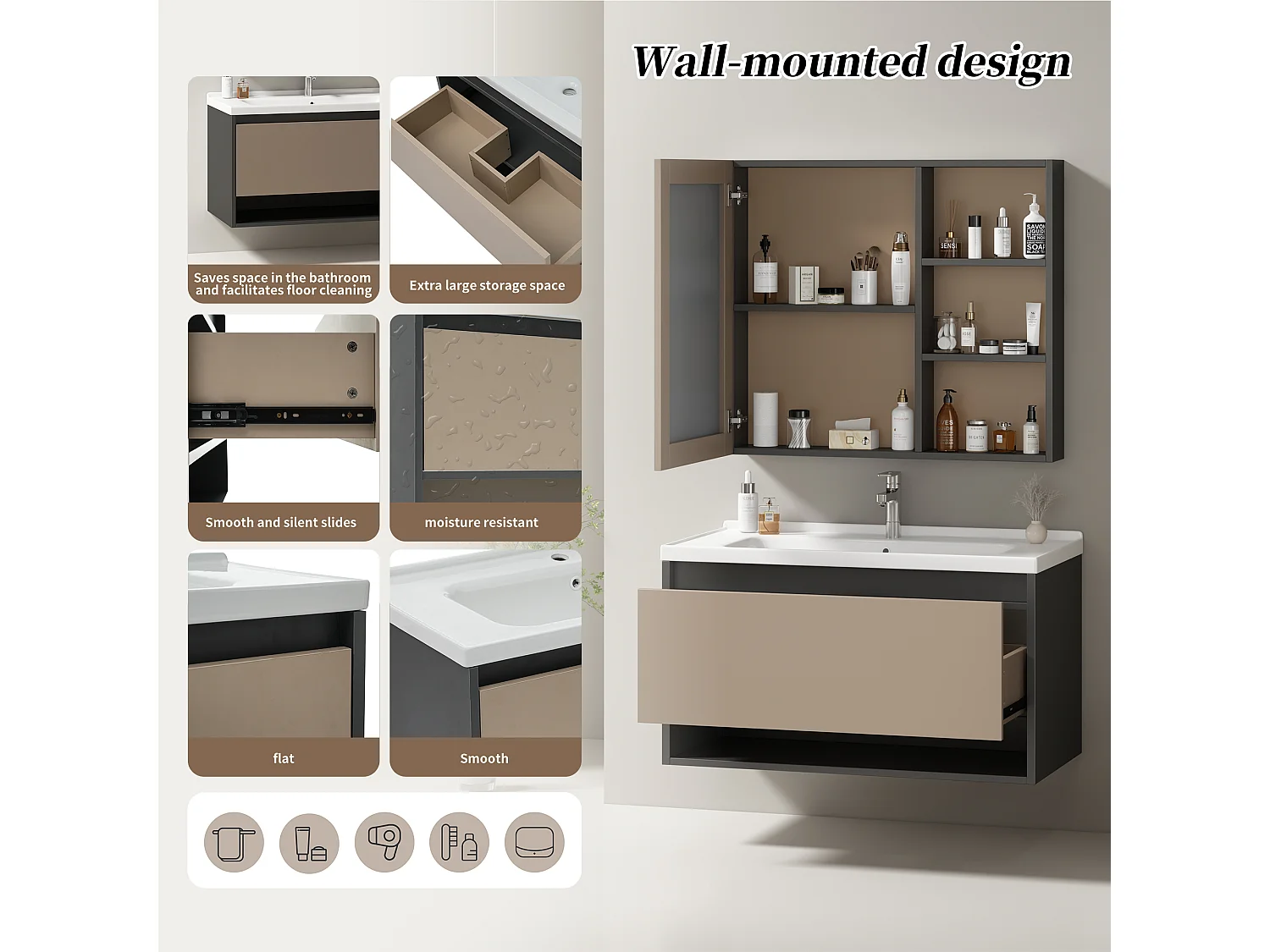 Spiegelkast en wandwastafelmeubel met nis - inbouwwastafel - breedte 90 cm - MDF-hout - lichtgrijs