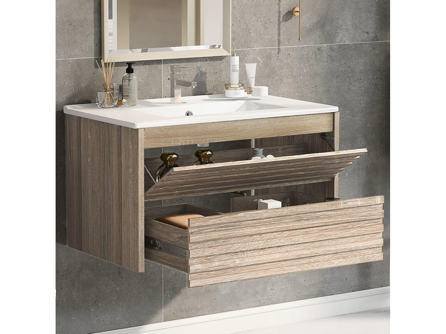 Meuble lave-main suspendu avec une porte et 1 tiroir - simple vasque - 76 x 47 x 47 cm - bois MDF - naturel clair