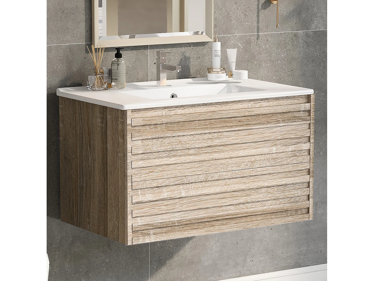 Meuble lave-main suspendu avec une porte et 1 tiroir - simple vasque - 76 x 47 x 47 cm - bois MDF - naturel clair