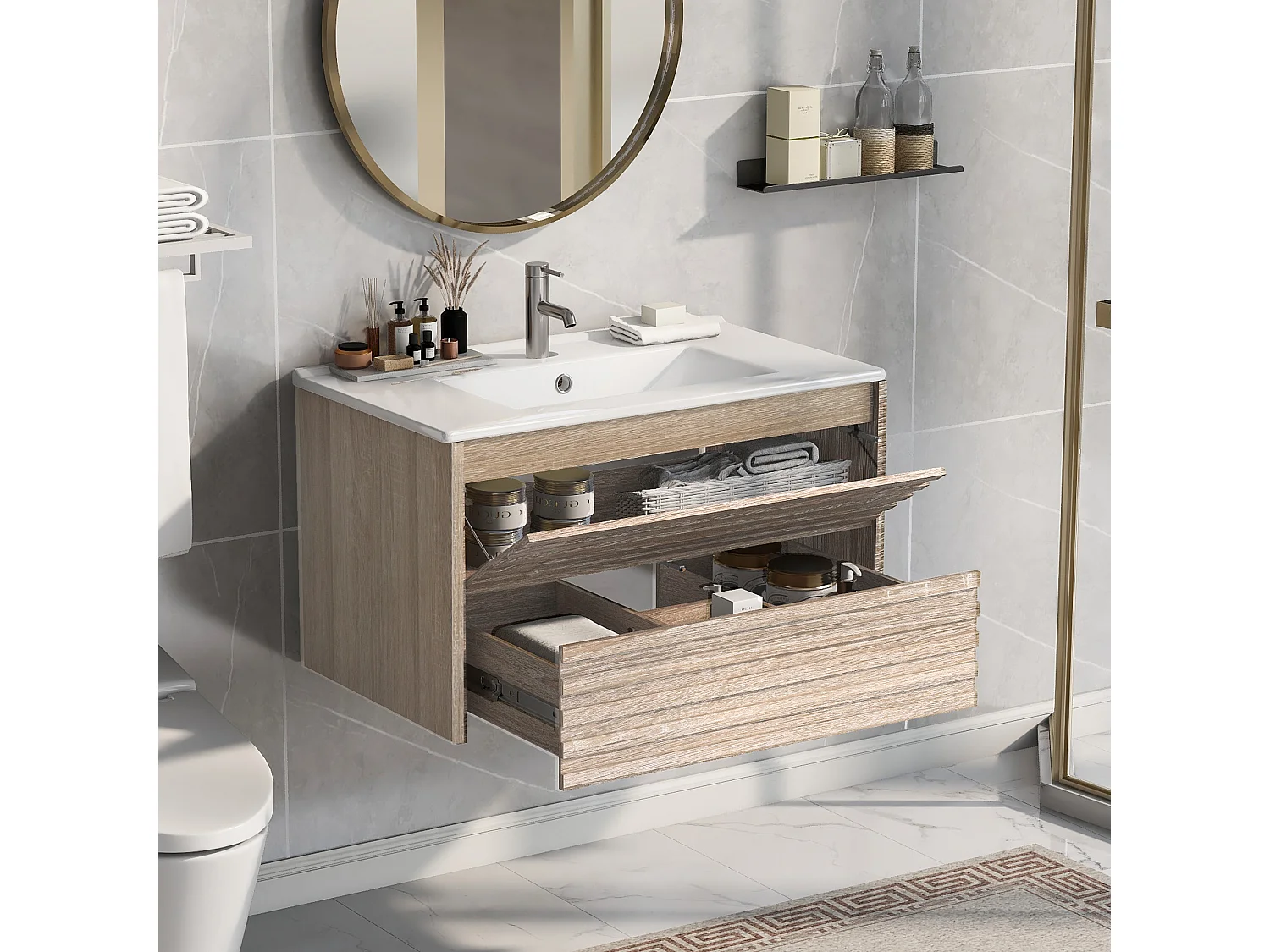 Meuble lave-main suspendu avec une porte et 1 tiroir - simple vasque - 76 x 47 x 47 cm - bois MDF - naturel clair