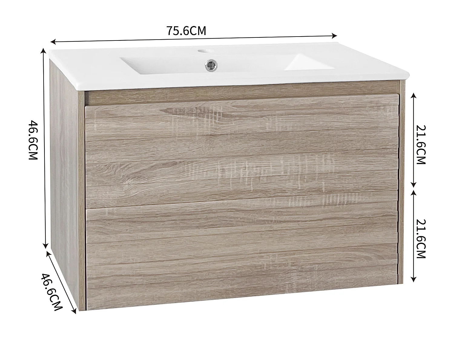 Meuble lave-main suspendu avec une porte et 1 tiroir - simple vasque - 76 x 47 x 47 cm - bois MDF - naturel clair