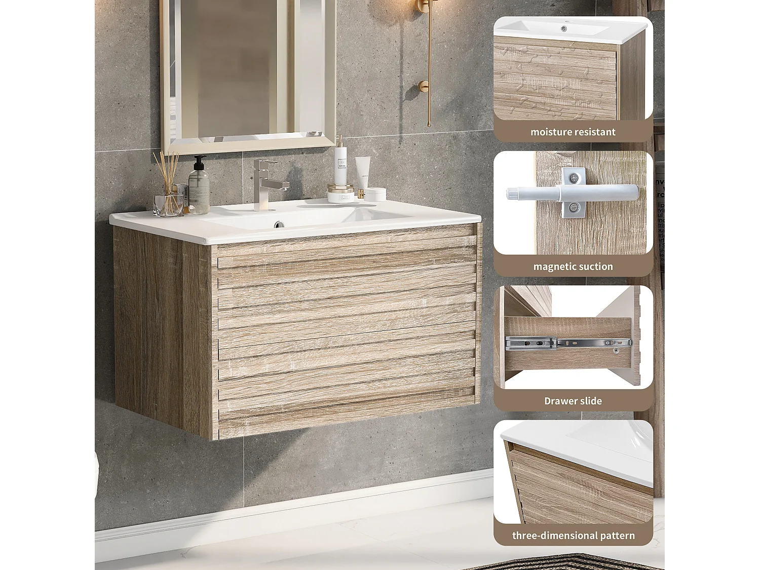 Meuble lave-main suspendu avec une porte et 1 tiroir - simple vasque - 76 x 47 x 47 cm - bois MDF - naturel clair