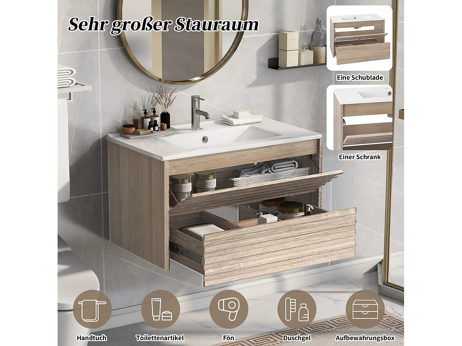 Meuble lave-main suspendu avec une porte et 1 tiroir - simple vasque - 76 x 47 x 47 cm - bois MDF - naturel clair