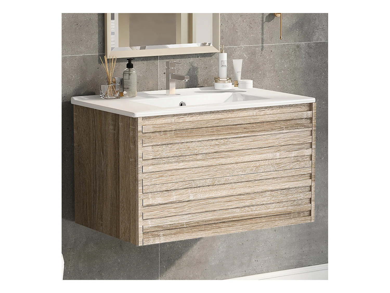 Wandwastafelmeubel met één deur en één lade - enkele waskom - 76 x 47 x 47 cm - MDF-hout - licht naturel
