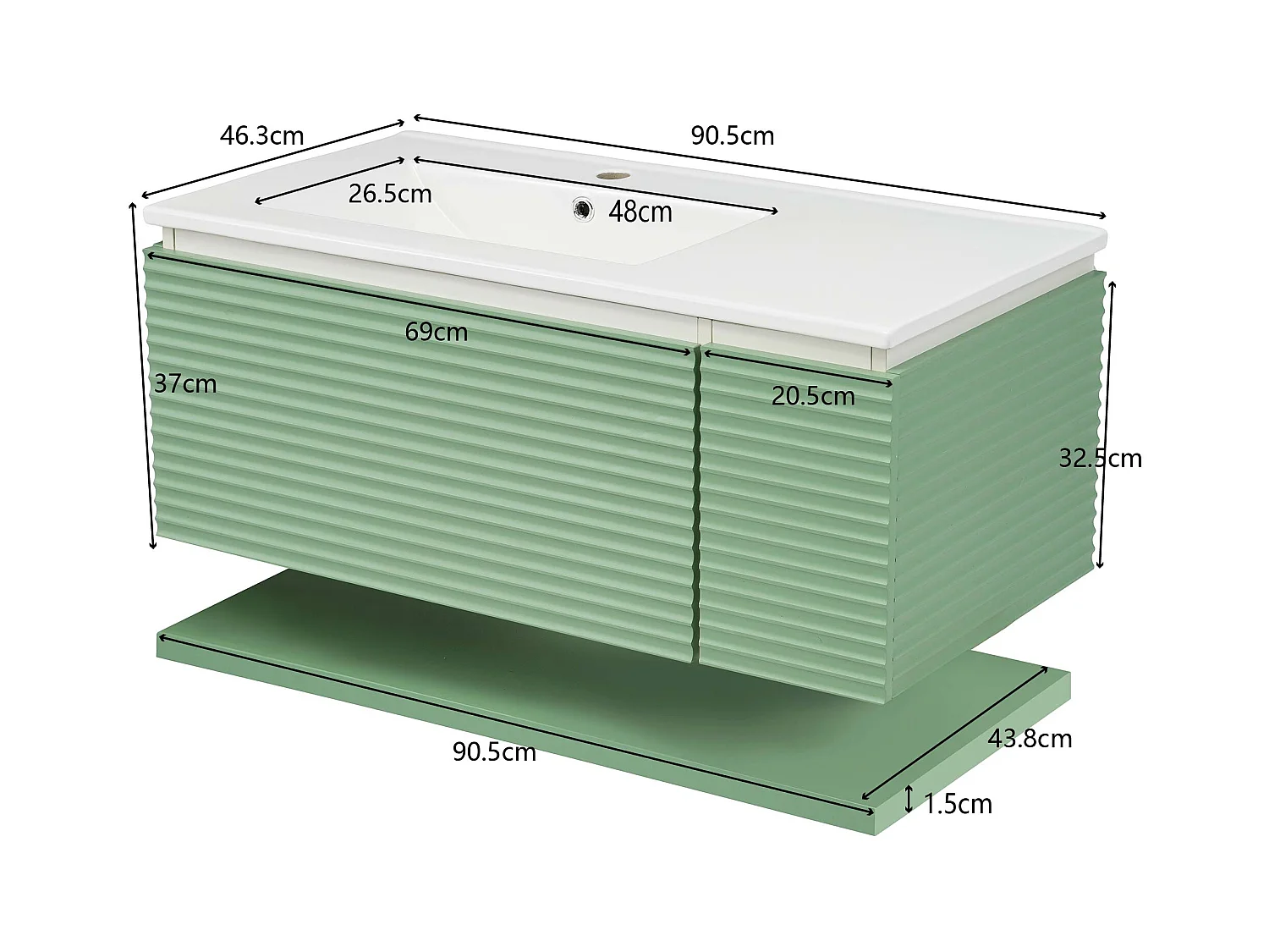 Wandwastafelmeubel met 1 grote lade en 1 deur - inbouwwastafel - 90,5 x 46,3 x 37 cm - MDF-hout - groen (zonder spiegel)