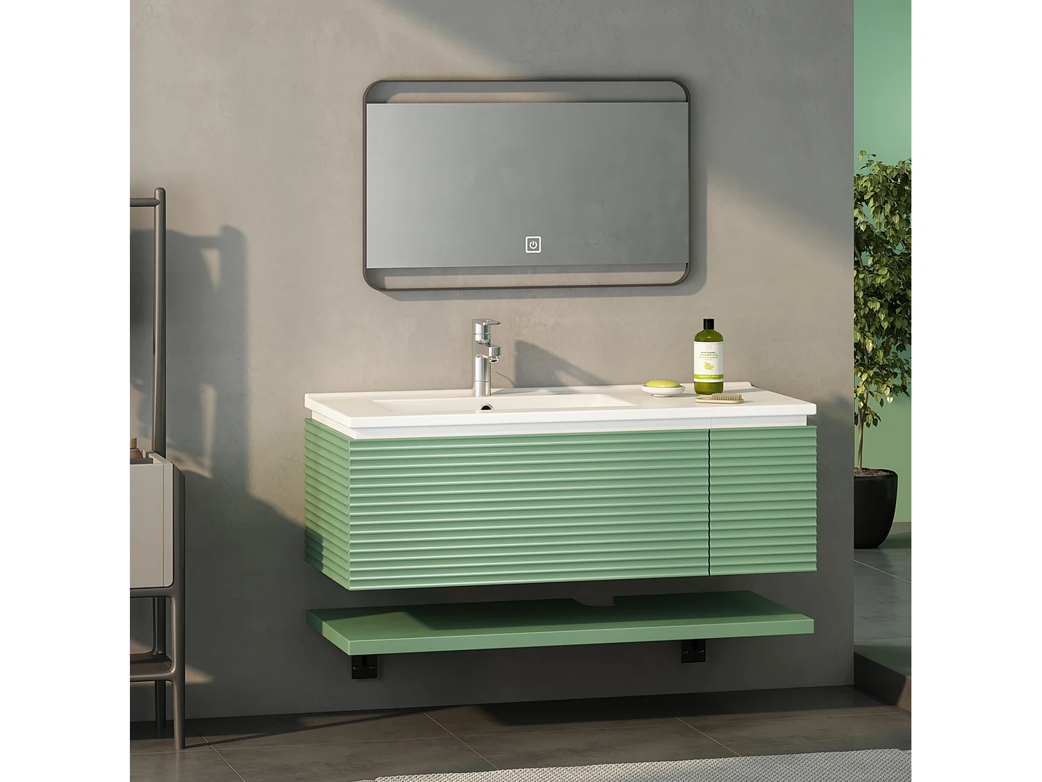 Wandwastafelmeubel met 1 grote lade en 1 deur - inbouwwastafel - 90,5 x 46,3 x 37 cm - MDF-hout - groen (zonder spiegel)