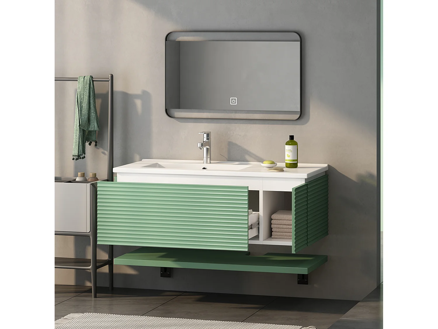 Wandwastafelmeubel met 1 grote lade en 1 deur - inbouwwastafel - 90,5 x 46,3 x 37 cm - MDF-hout - groen (zonder spiegel)