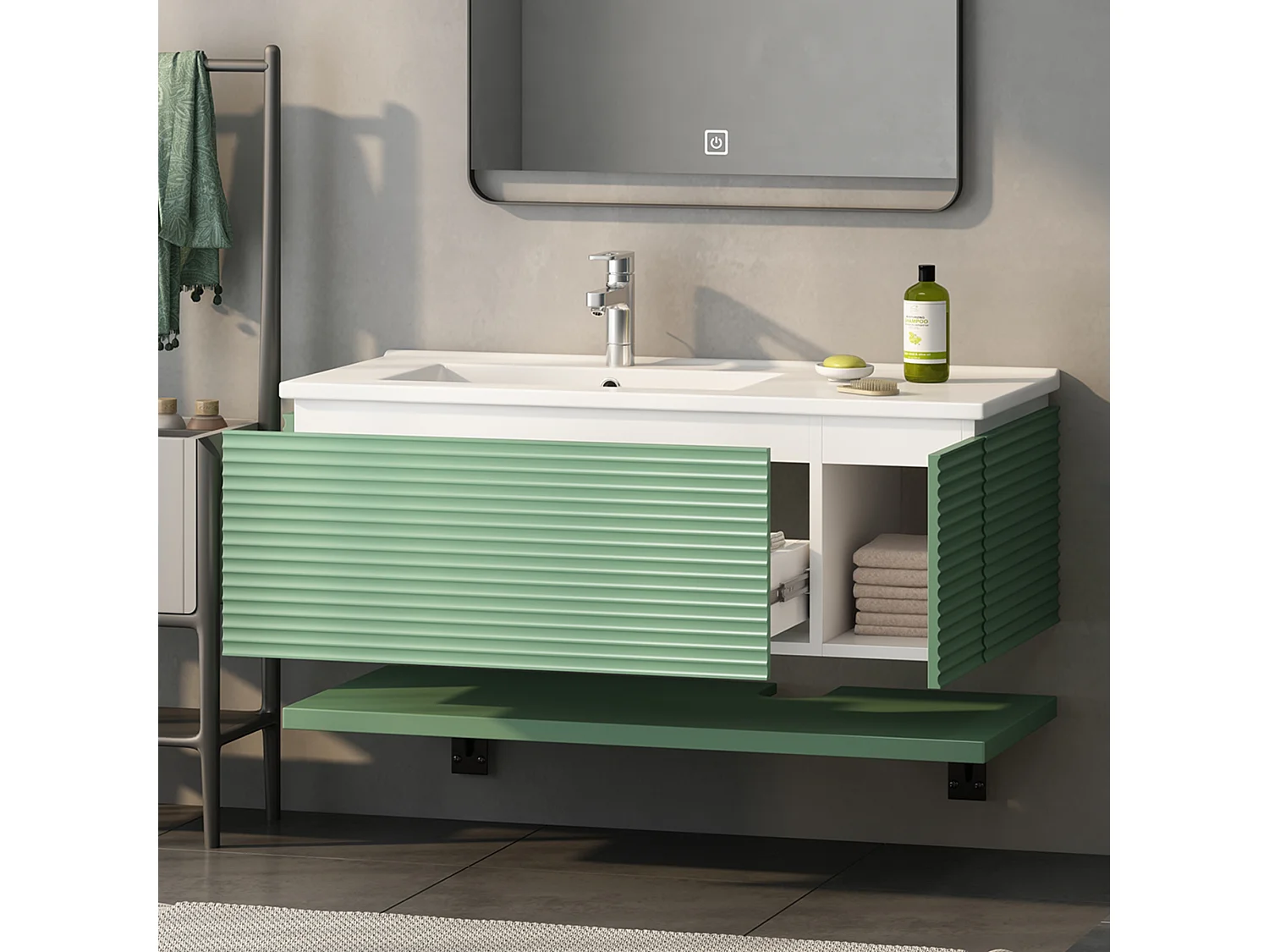 Wandwastafelmeubel met 1 grote lade en 1 deur - inbouwwastafel - 90,5 x 46,3 x 37 cm - MDF-hout - groen (zonder spiegel)