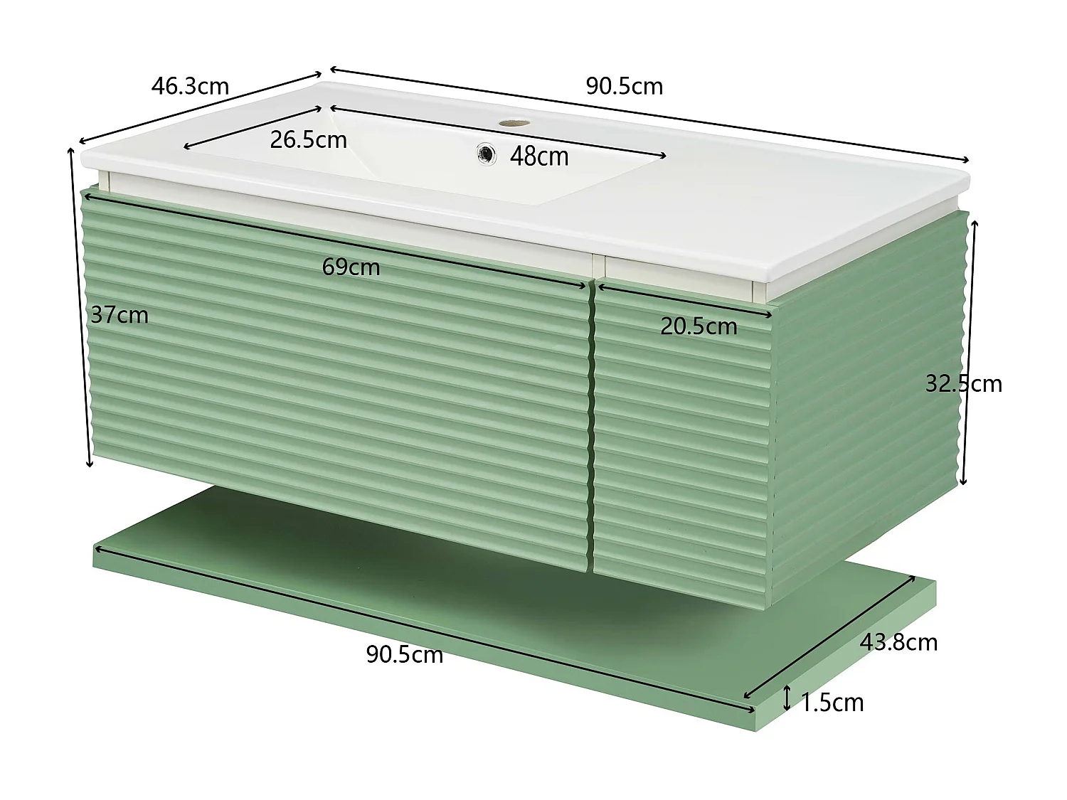 Wandwastafelmeubel met 1 grote lade en 1 deur - inbouwwastafel - 90,5 x 46,3 x 37 cm - MDF-hout - groen (zonder spiegel)