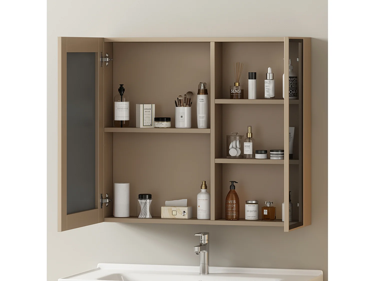 Mueble de baño con espejo y estantes - 80 x 12 x 75 cm - Madera MDF - marrón