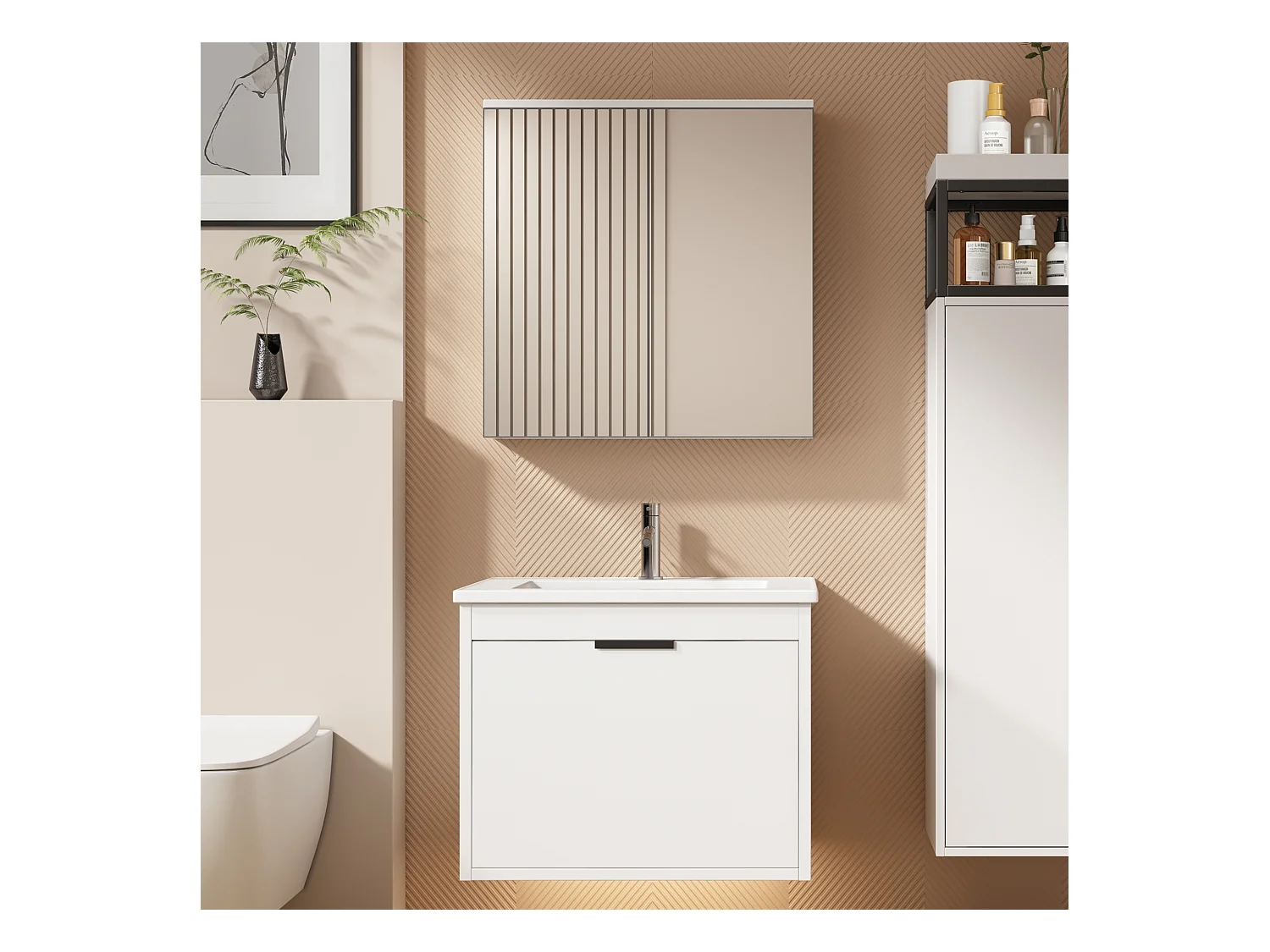 Ensemble Armoire à miroir et Meuble lave-main suspendu avec un tiroir - lavabo encastré - largeur 60 cm - bois MDF - blanc