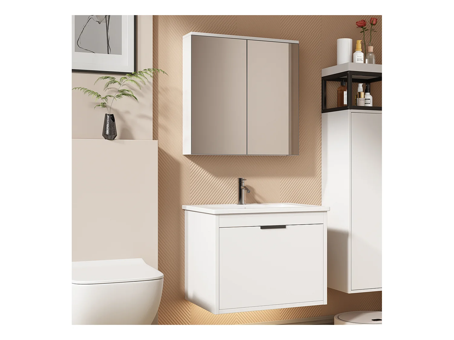 Ensemble Armoire à miroir et Meuble lave-main suspendu avec un tiroir - lavabo encastré - largeur 60 cm - bois MDF - blanc