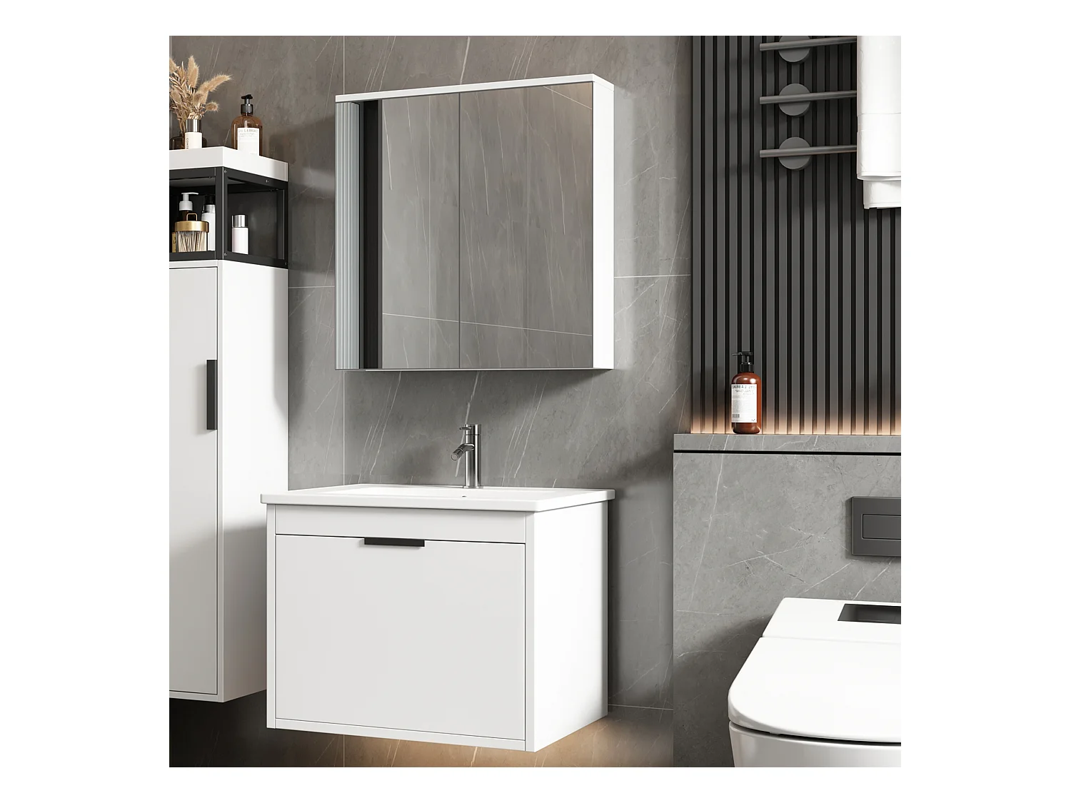 Ensemble Armoire à miroir et Meuble lave-main suspendu avec un tiroir - lavabo encastré - largeur 60 cm - bois MDF - blanc