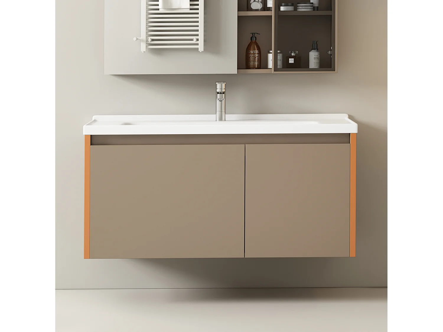 Meuble lave-main suspendu avec 2 portes - lavabo encastré - 90 x 47 x 48 cm - bois MDF - marron